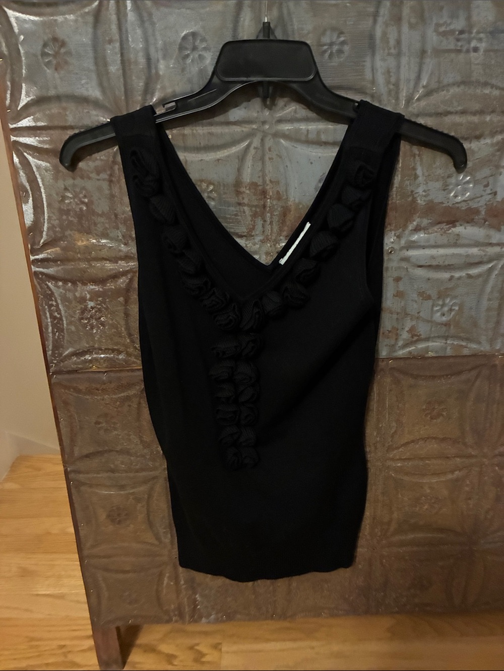 White House Black Market Black Sleeveless V-Neck Top with Rosette Trim